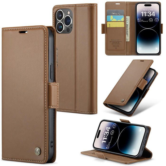 CaseMe iPhone 14 Pro Wallet RFID Blocking Magnetic Buckle Case Brown - Click Image to Close