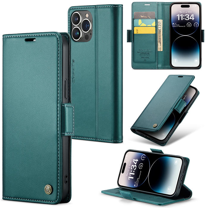 CaseMe iPhone 14 Pro Wallet RFID Blocking Magnetic Buckle Case Green - Click Image to Close