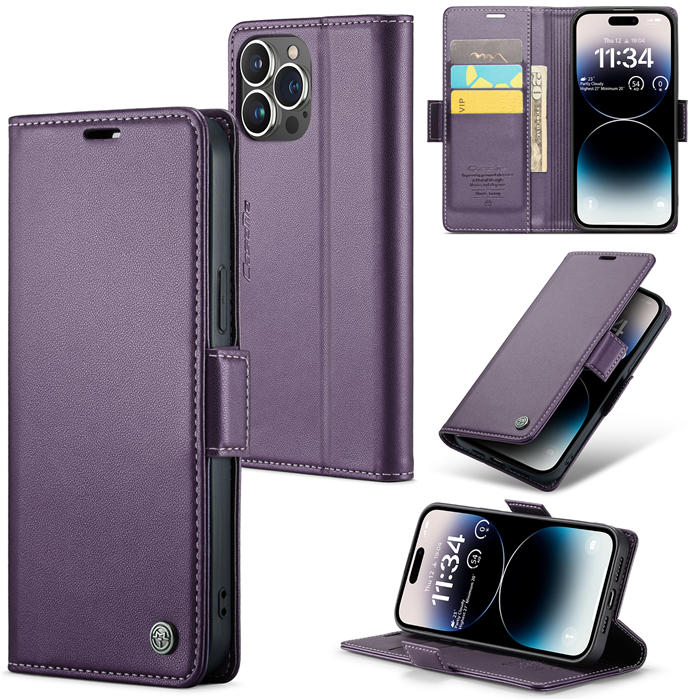 CaseMe iPhone 14 Pro Wallet RFID Blocking Magnetic Buckle Case Purple - Click Image to Close