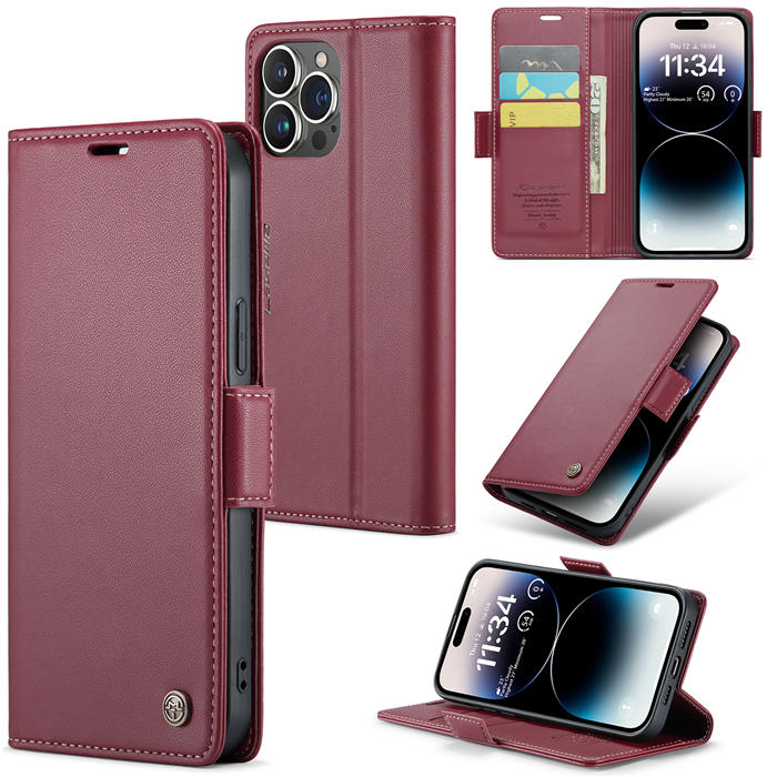 CaseMe iPhone 14 Pro Wallet RFID Blocking Magnetic Buckle Case Red - Click Image to Close
