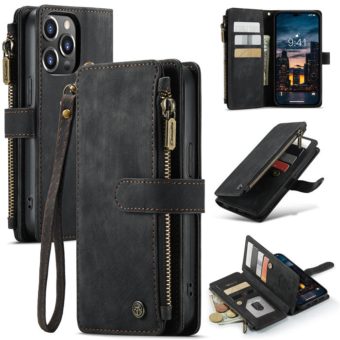 CaseMe Zipper Wallet Kickstand Case with Wrist Strap Black