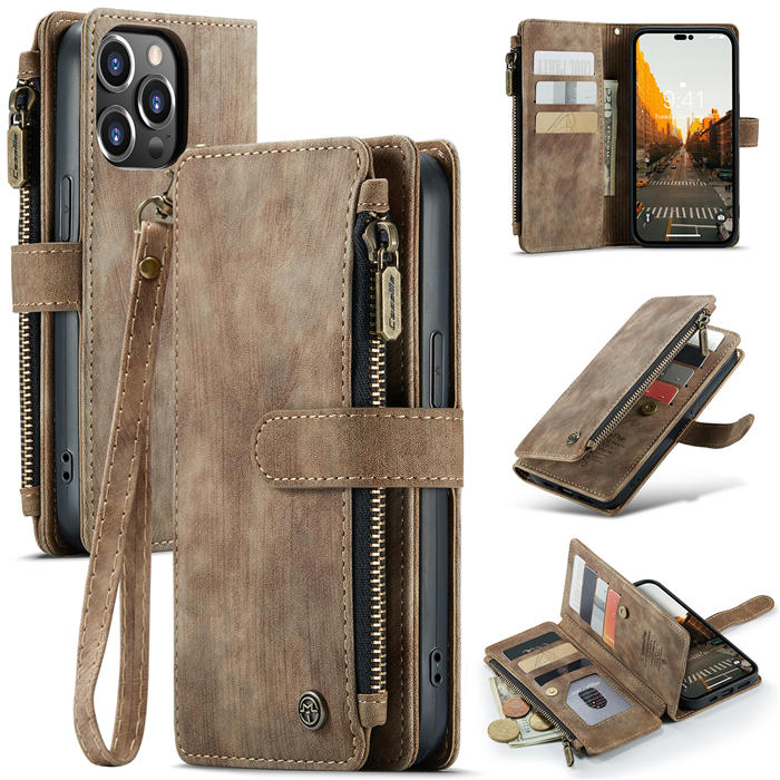 CaseMe iPhone 14 Pro Max Zipper Wallet Case with Wrist Strap Coffee