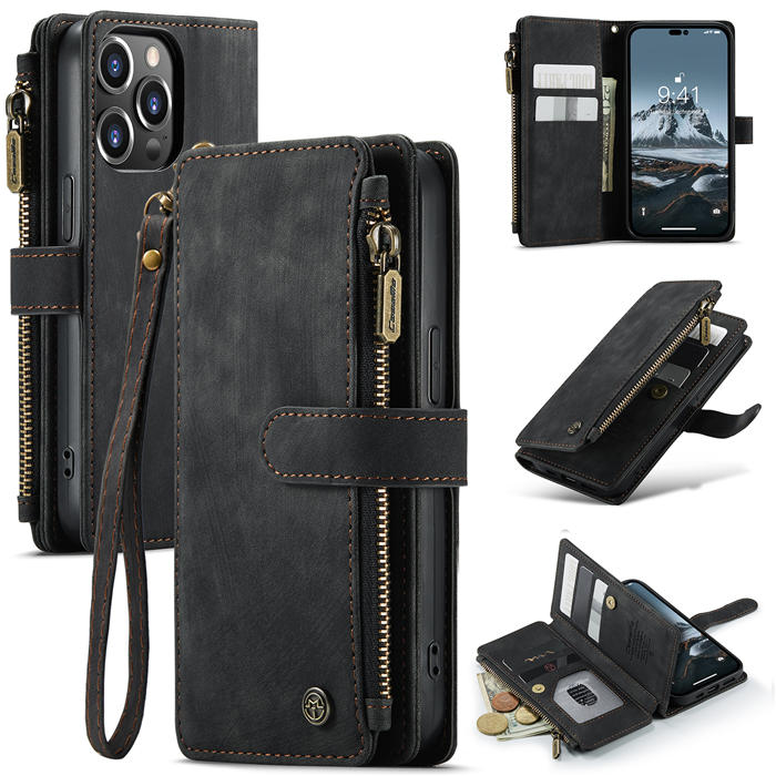 CaseMe iPhone 14 Pro Zipper Wallet Case with Wrist Strap Black
