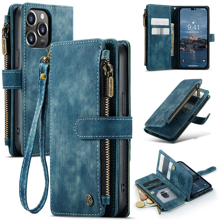 CaseMe iPhone 14 Pro Zipper Wallet Case with Wrist Strap Blue