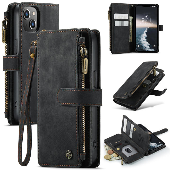 CaseMe iPhone 14 Zipper Wallet Case with Wrist Strap Black