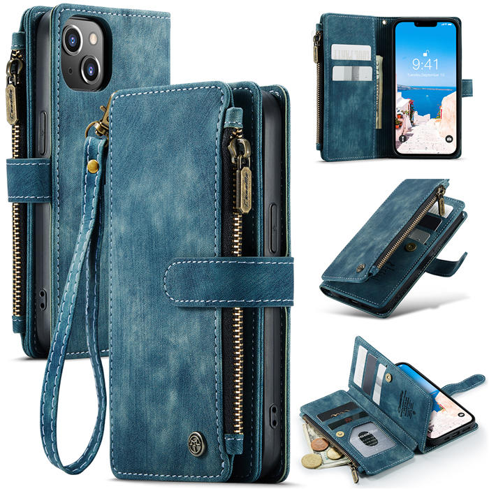 CaseMe iPhone 14 Zipper Wallet Case with Wrist Strap Blue