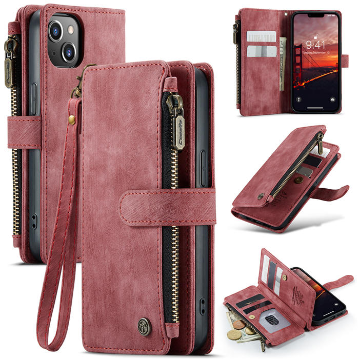 CaseMe iPhone 14 Zipper Wallet Case with Wrist Strap Red