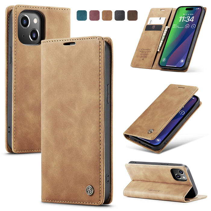 CaseMe iPhone 15 Wallet Magnetic Suede Leather Case Brown