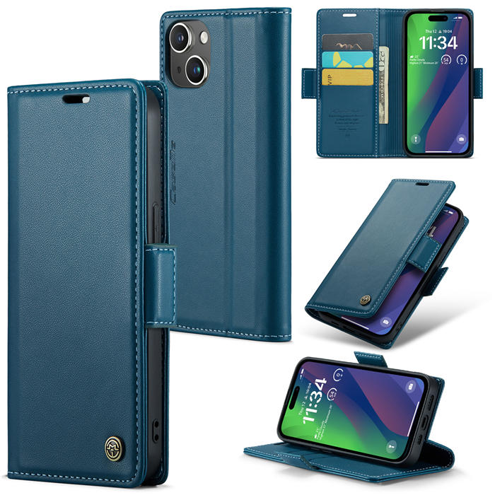 CaseMe iPhone 15 Plus Wallet RFID Blocking Magnetic Buckle Case Blue