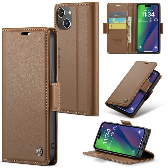CaseMe iPhone 15 Plus Wallet RFID Blocking Magnetic Buckle Case Brown - Click Image to Close