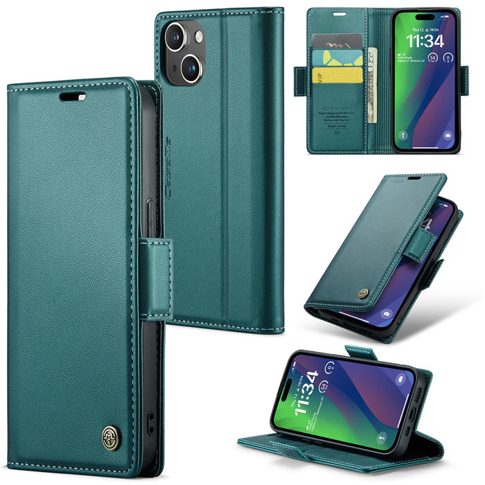 CaseMe iPhone 15 Wallet RFID Blocking Magnetic Buckle Case Green - Click Image to Close