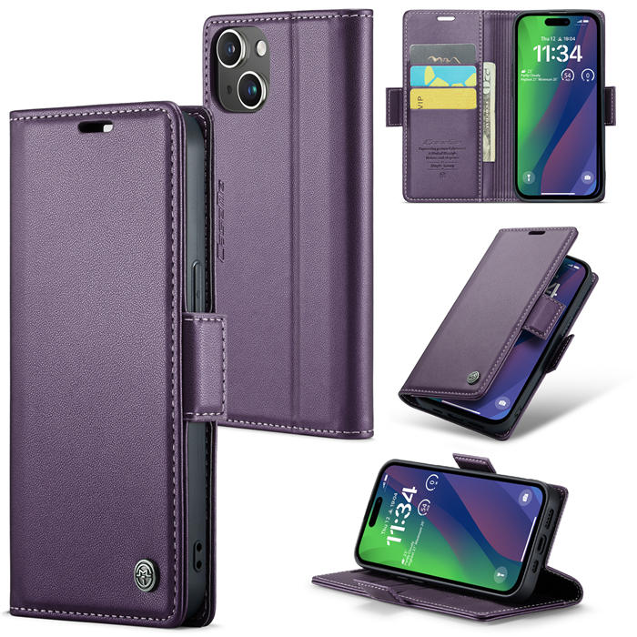 CaseMe iPhone 15 Plus Wallet RFID Blocking Magnetic Buckle Case Purple - Click Image to Close