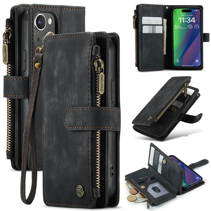 CaseMe iPhone 15 Wallet kickstand Case with Wrist Strap Black - Click Image to Close