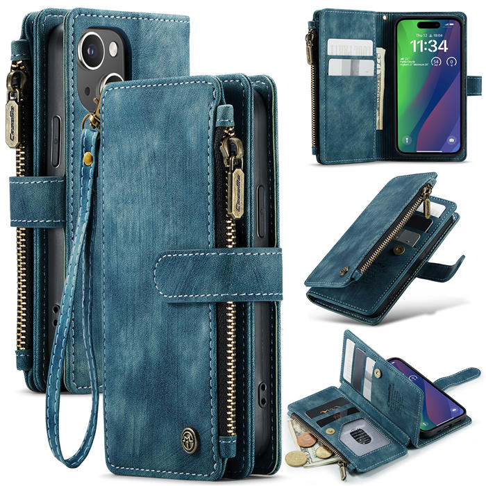 CaseMe iPhone 15 Wallet kickstand Case with Wrist Strap Blue
