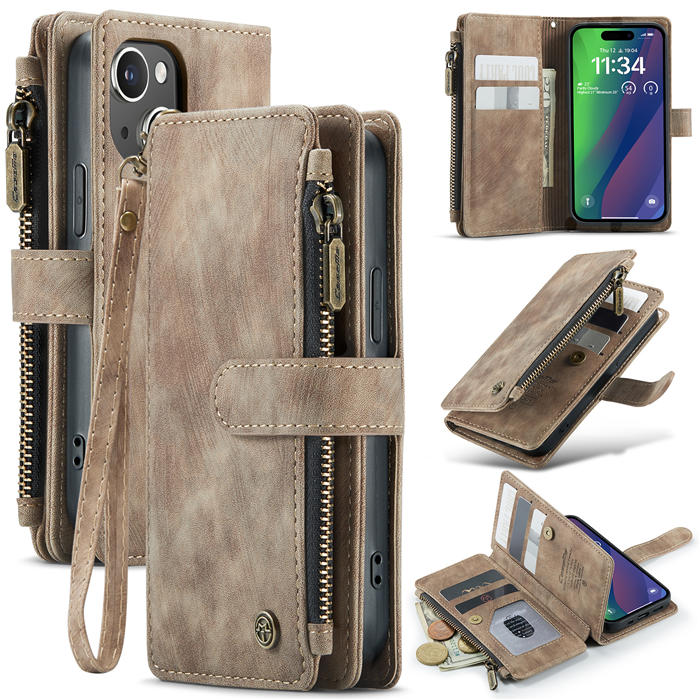 CaseMe iPhone 15 Wallet kickstand Case with Wrist Strap Coffee - Click Image to Close