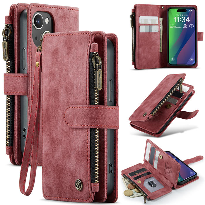 CaseMe iPhone 15 Wallet kickstand Case with Wrist Strap Red - Click Image to Close