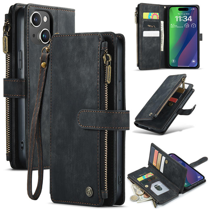CaseMe iPhone 15 Plus Wallet kickstand Case with Wrist Strap Black