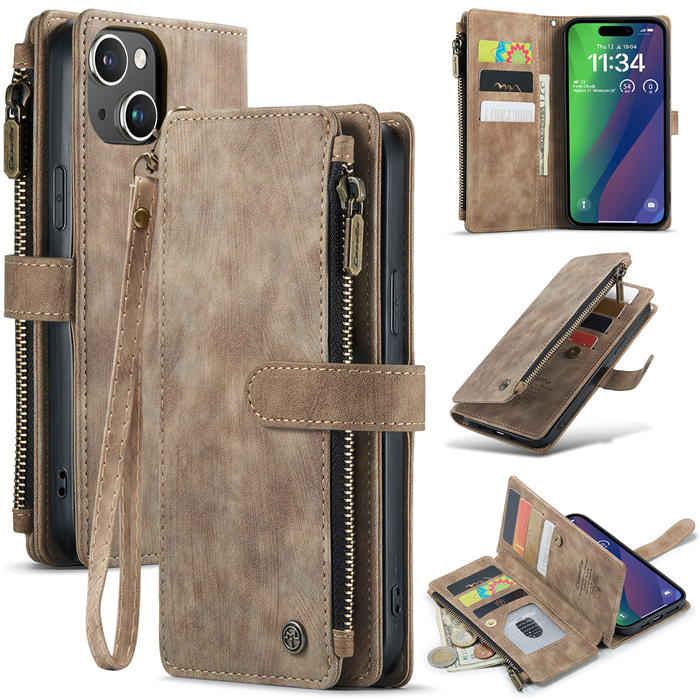 CaseMe iPhone 15 Plus Wallet kickstand Case with Wrist Strap Coffee - Click Image to Close
