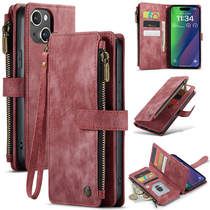 CaseMe iPhone 15 Plus Wallet kickstand Case with Wrist Strap Red