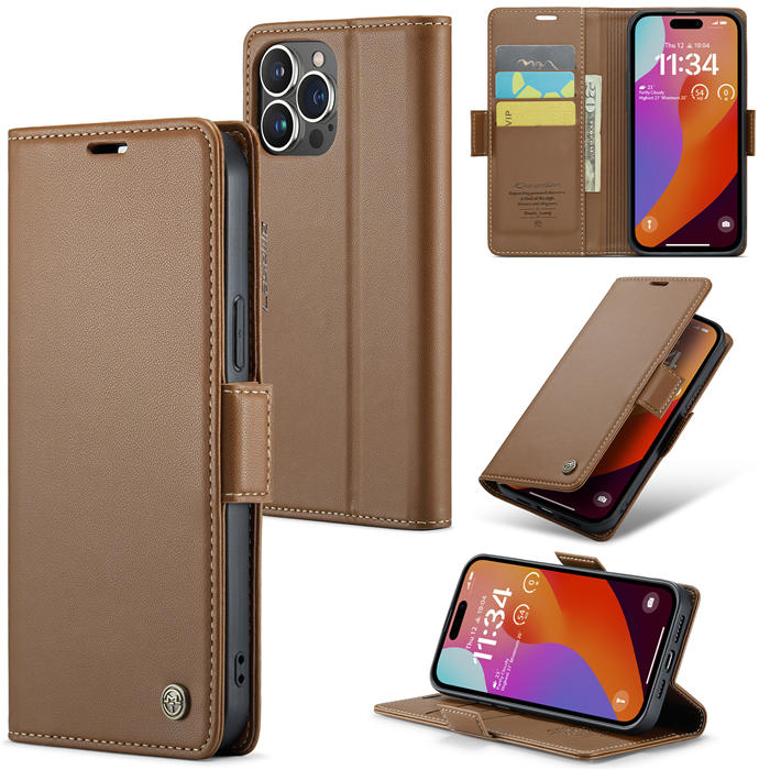 CaseMe iPhone 15 Pro Max Wallet RFID Blocking Magnetic Buckle Case Brown - Click Image to Close