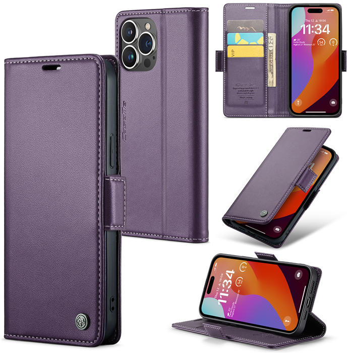 CaseMe iPhone 15 Pro Wallet RFID Blocking Magnetic Buckle Case Purple - Click Image to Close