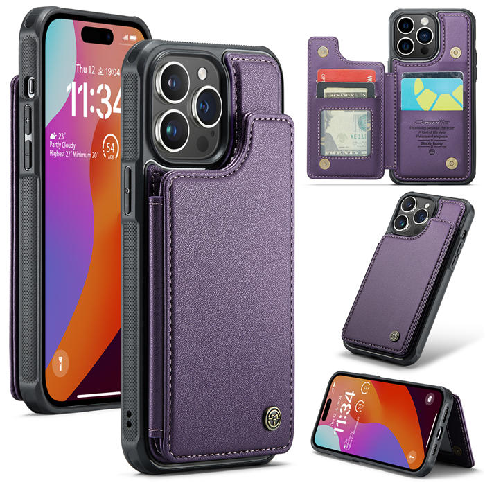 CaseMe iPhone 15 Pro RFID Blocking Card Holder Case Purple - Click Image to Close