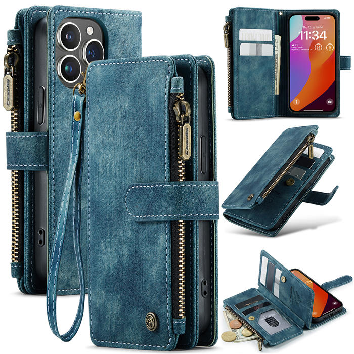 CaseMe iPhone 15 Pro Wallet kickstand Case with Wrist Strap Blue - Click Image to Close