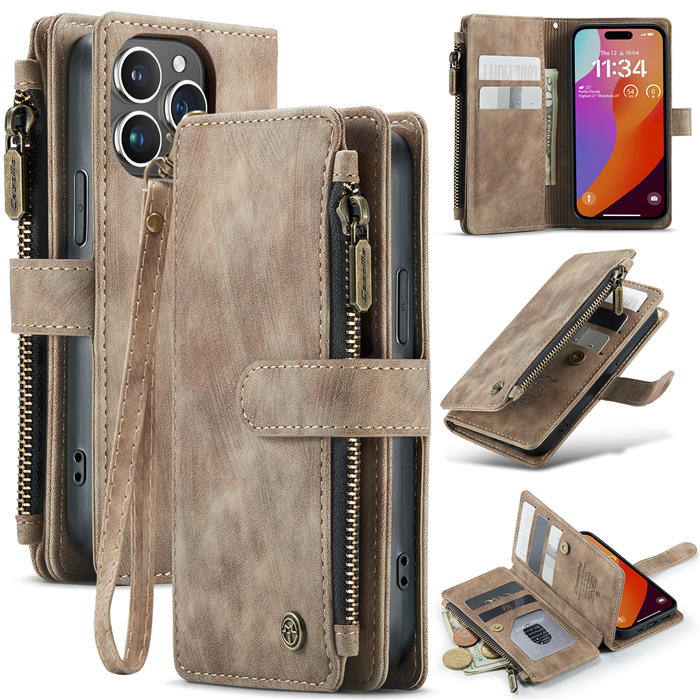 CaseMe iPhone 15 Pro Wallet kickstand Case with Wrist Strap Coffee - Click Image to Close