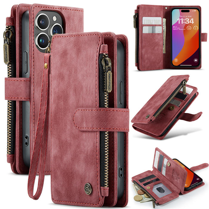 CaseMe iPhone 15 Pro Wallet kickstand Case with Wrist Strap Red