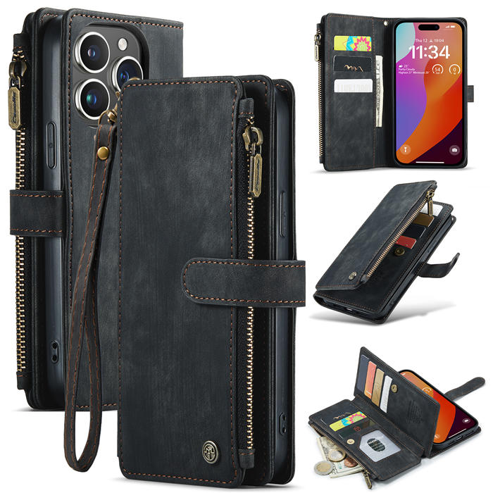 CaseMe iPhone 15 Pro Max Wallet kickstand Case with Wrist Strap Black - Click Image to Close