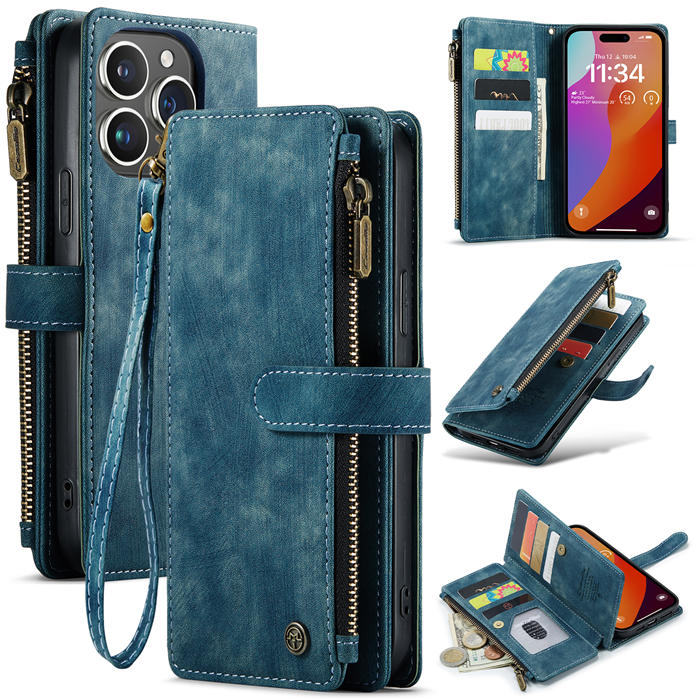 CaseMe iPhone 15 Pro Max Wallet kickstand Case with Wrist Strap Blue
