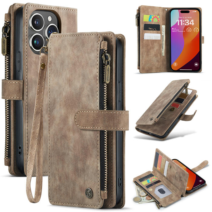 CaseMe iPhone 15 Pro Max Wallet kickstand Case with Wrist Strap Coffee - Click Image to Close