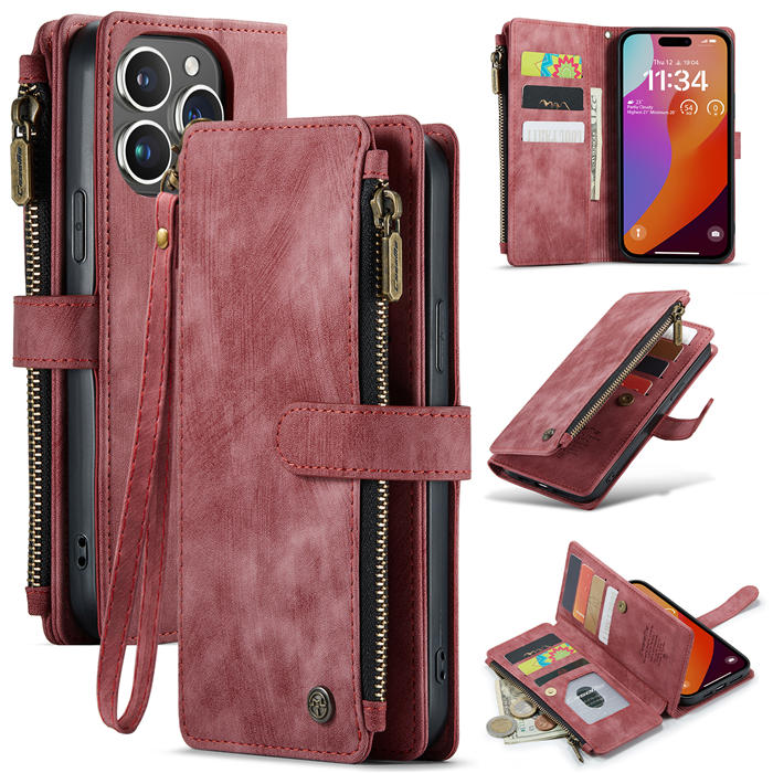 CaseMe iPhone 15 Pro Max Wallet kickstand Case with Wrist Strap Red