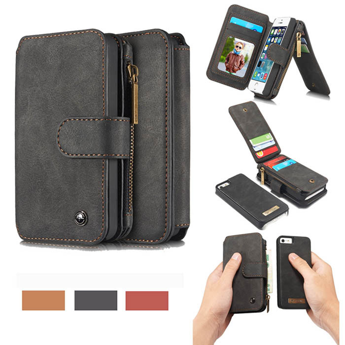 CaseMe iPhone SE Zipper Wallet Detachable 2 in 1 Flip Case Black