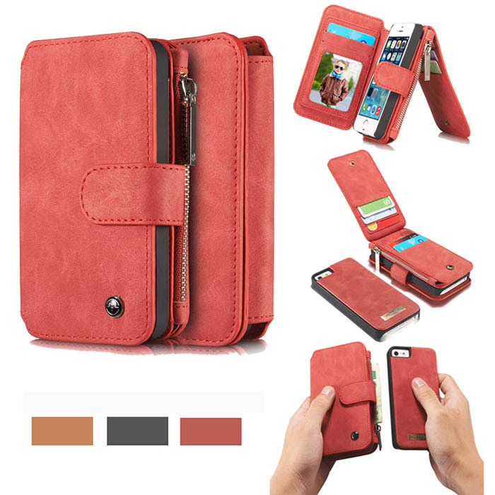 CaseMe iPhone SE Zipper Wallet Detachable 2 in 1 Flip Case Red