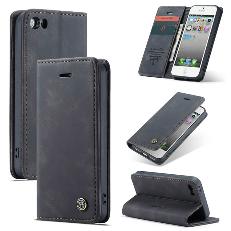 CaseMe iPhone SE/5S Wallet Kickstand Magnetic Flip Case Black - Click Image to Close