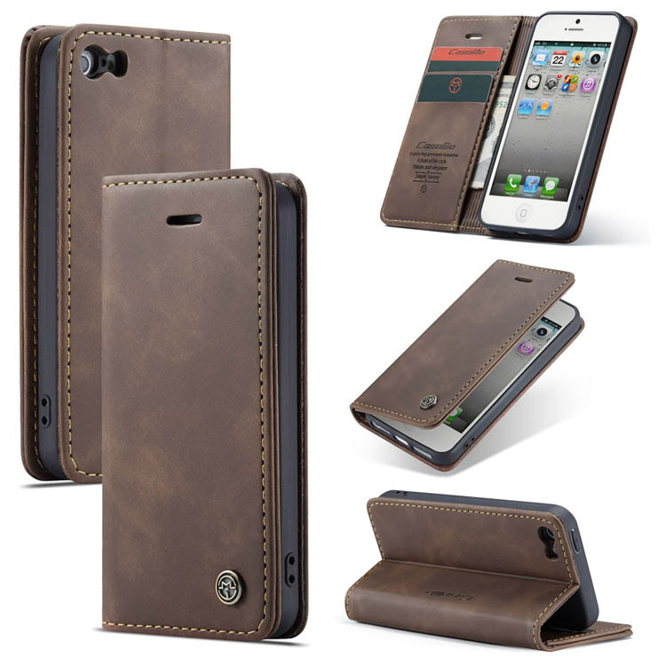 CaseMe iPhone SE/5S Wallet Kickstand Magnetic Flip Case Coffee - Click Image to Close