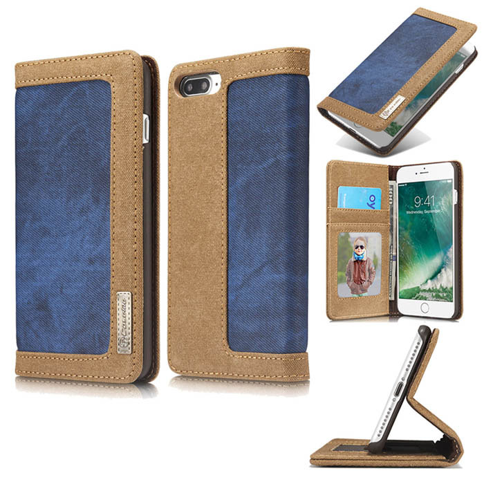 CaseMe iPhone 8 Plus Jeans Leather Stand Wallet Case Blue