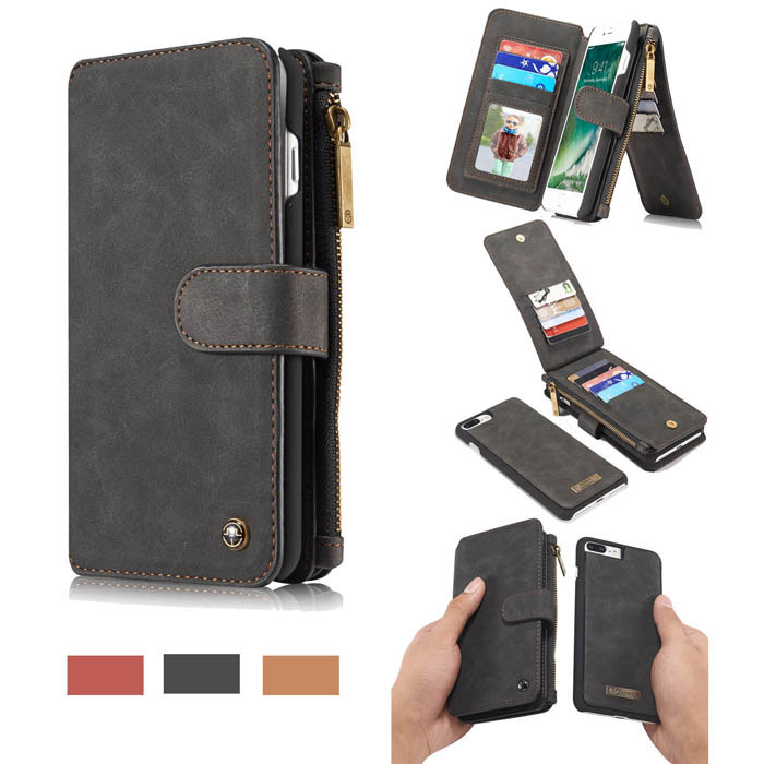 CaseMe iPhone 8 Plus Zipper Wallet Detachable Flip Case Black