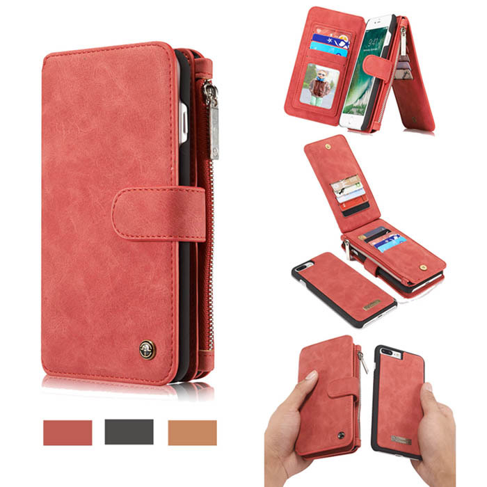 CaseMe iPhone 7 Plus Zipper Wallet Detachable 2 in 1 Flip Case Red