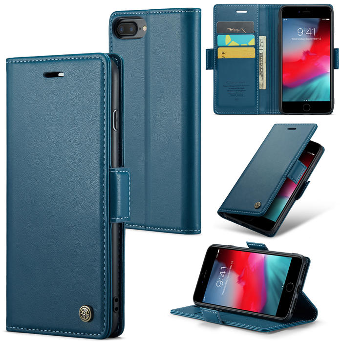 CaseMe iPhone 7 Plus/8 Plus Wallet RFID Blocking Magnetic Buckle Case Blue