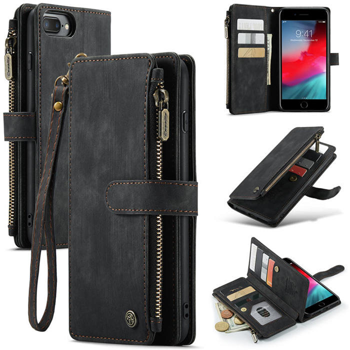 CaseMe iPhone 7 Plus/8 Plus Zipper Wallet Kickstand Case Black - Click Image to Close