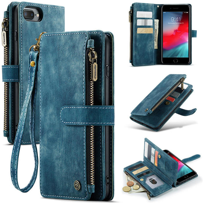 CaseMe iPhone 7 Plus/8 Plus Zipper Wallet Kickstand Case Blue - Click Image to Close