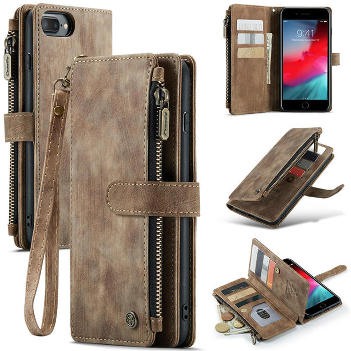 CaseMe iPhone 7 Plus/8 Plus Zipper Wallet Kickstand Case Coffee - Click Image to Close