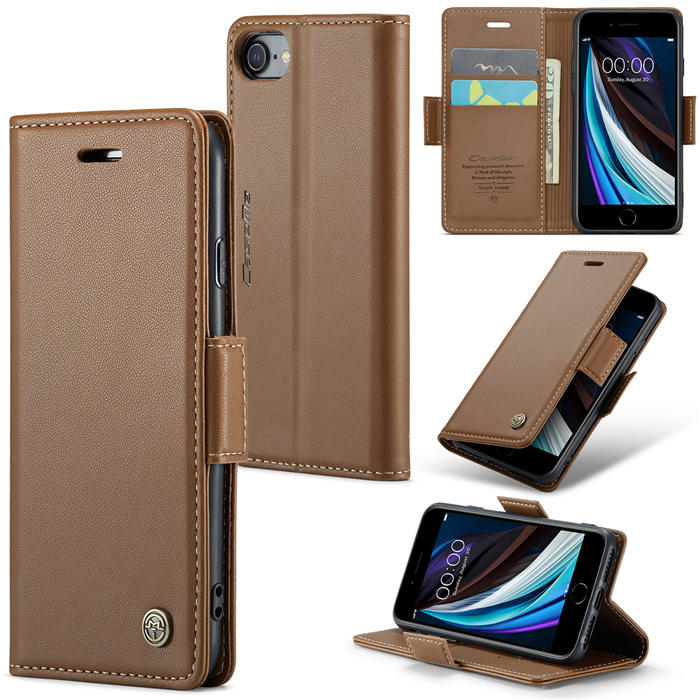 CaseMe iPhone 7/8/SE 2020/SE 2022 Wallet RFID Blocking Magnetic Buckle Case Brown - Click Image to Close