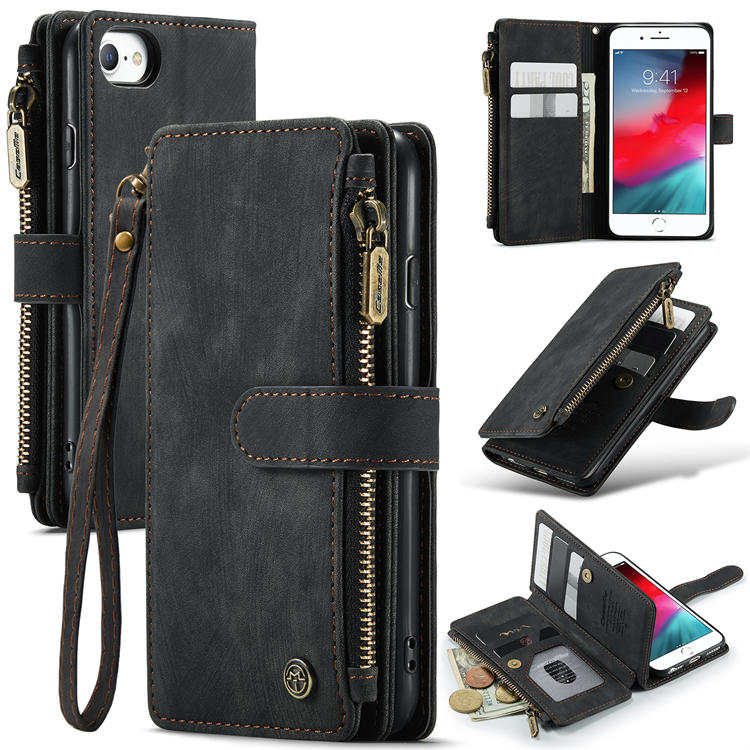 CaseMe iPhone 7/8/SE 2020 Zipper Wallet Kickstand Case Black - Click Image to Close