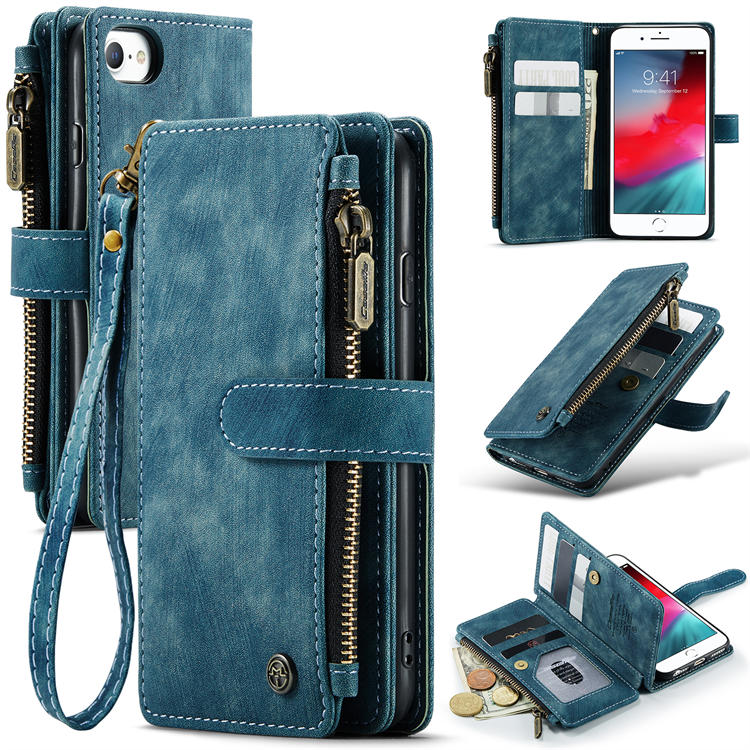 CaseMe iPhone 7/8/SE 2020 Zipper Wallet Kickstand Case Blue - Click Image to Close