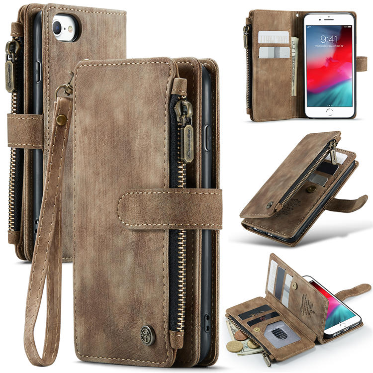 CaseMe iPhone 7/8/SE 2020 Zipper Wallet Kickstand Case Coffee - Click Image to Close