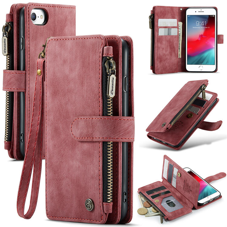 CaseMe iPhone 7/8/SE 2020 Zipper Wallet Kickstand Case Red - Click Image to Close
