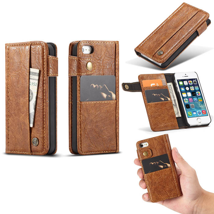CaseMe iPhone SE/5S Retro Slot Cards Wallet Leather Case Brown